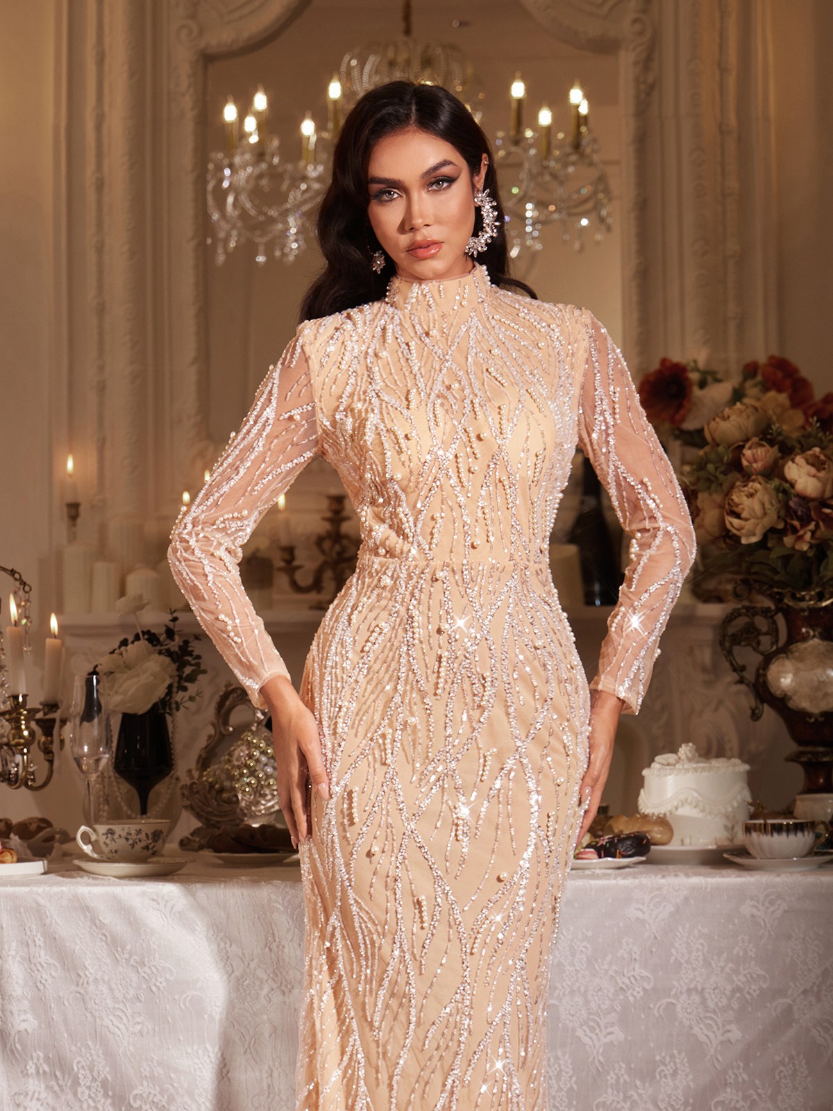 Fiona Long Sleeve Pearl Sequin Maxi Dress