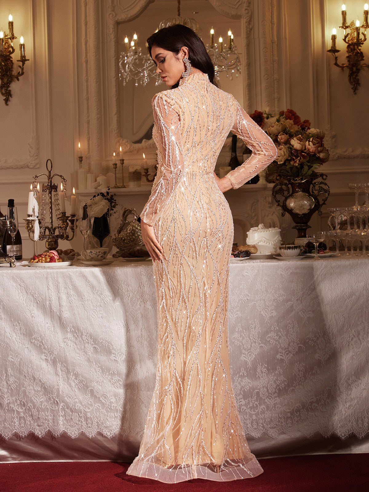 Fiona Long Sleeve Pearl Sequin Maxi Dress