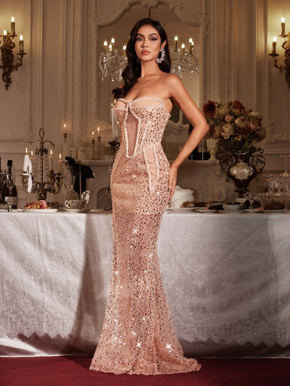 Fionnbarra Strapless Pearl Sequin Maxi Dress
