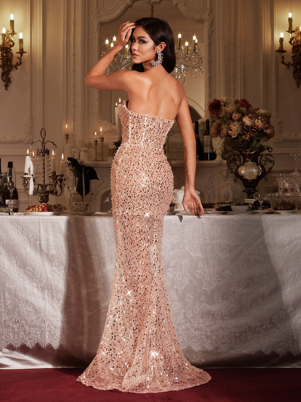 Fionnbarra Strapless Pearl Sequin Maxi Dress