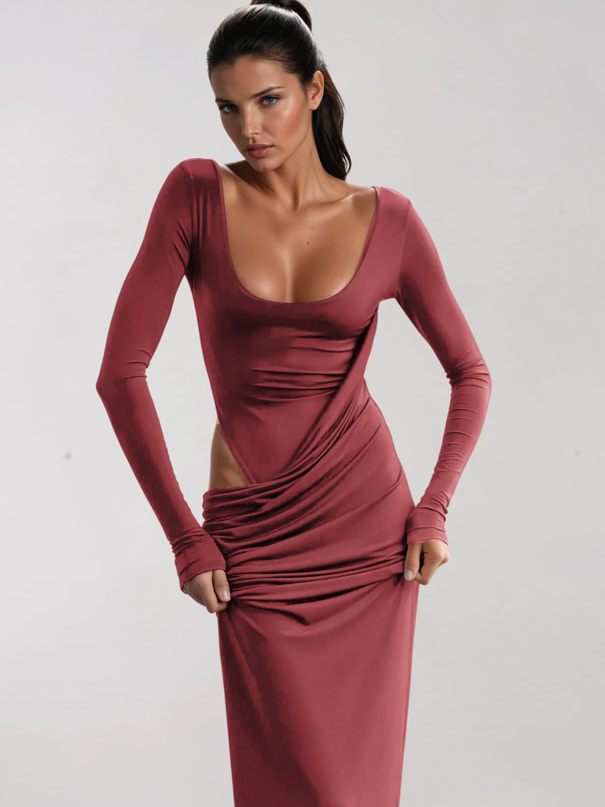 Flaminia Long Sleeve Cutout Draped Maxi Dress