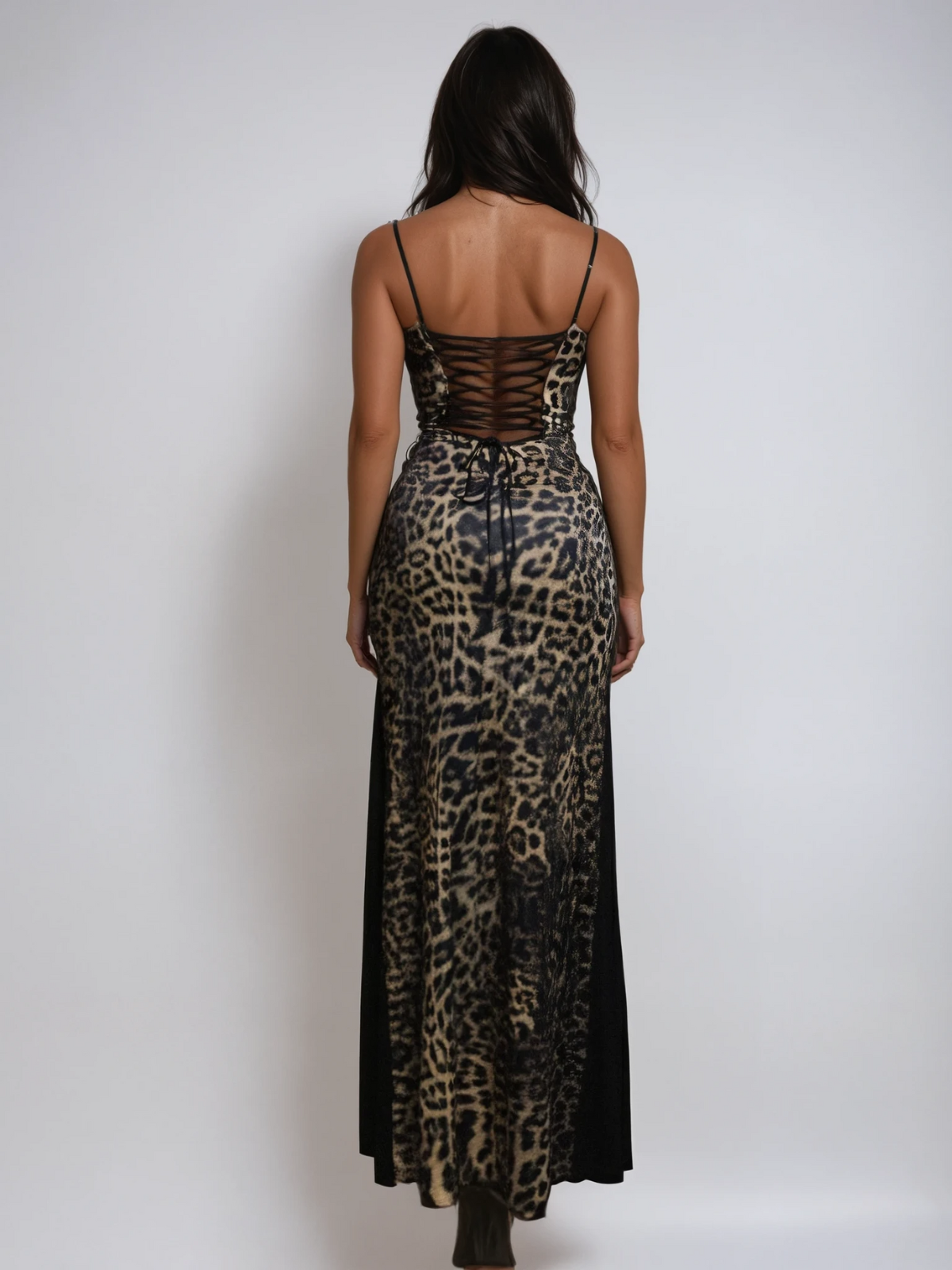 Flannery Spaghetti Leopard Lace Up Maxi Dress
