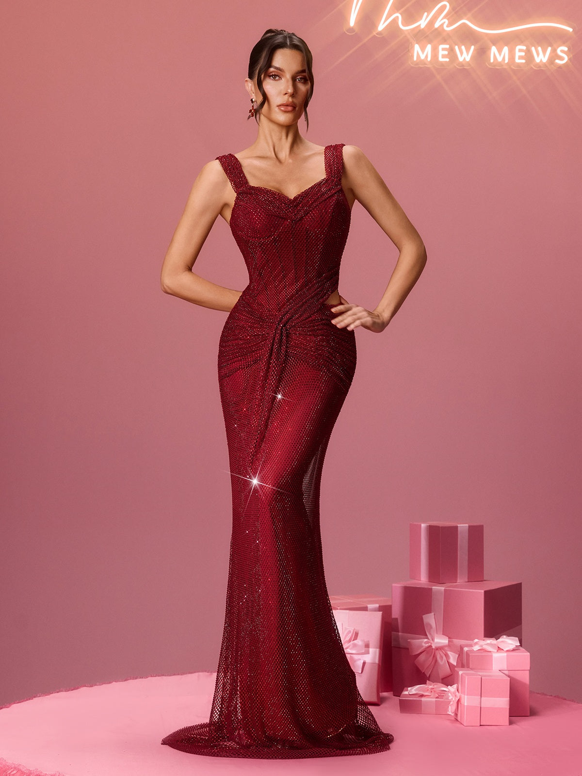 Flint Twisted Rhinestone Mesh Maxi Dress