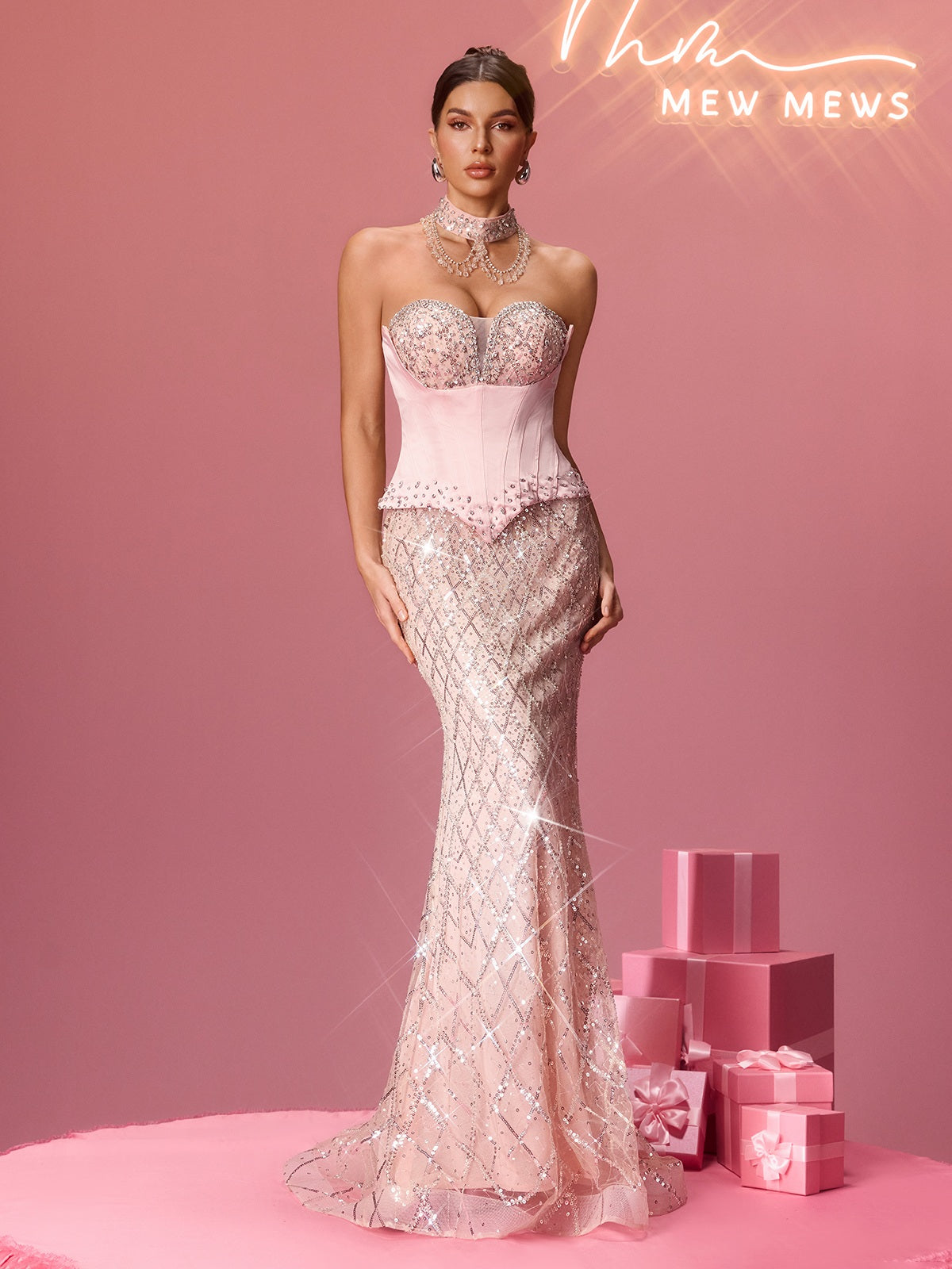 Flip Strapless Corset Rhinestone Sequin Maxi Dress