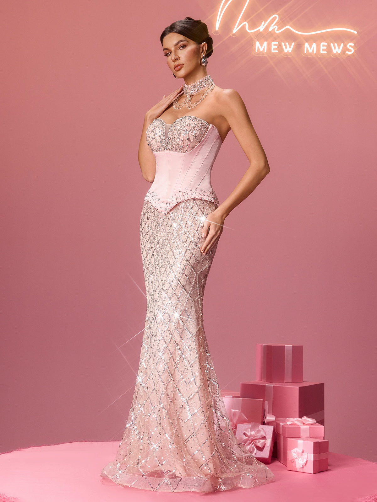 Flip Strapless Corset Rhinestone Sequin Maxi Dress