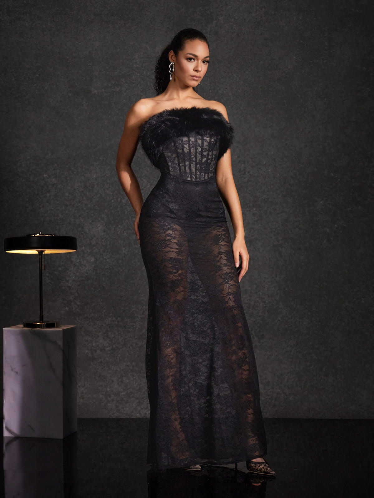 Floella Strapless Faux Fur Lace Maxi Dress
