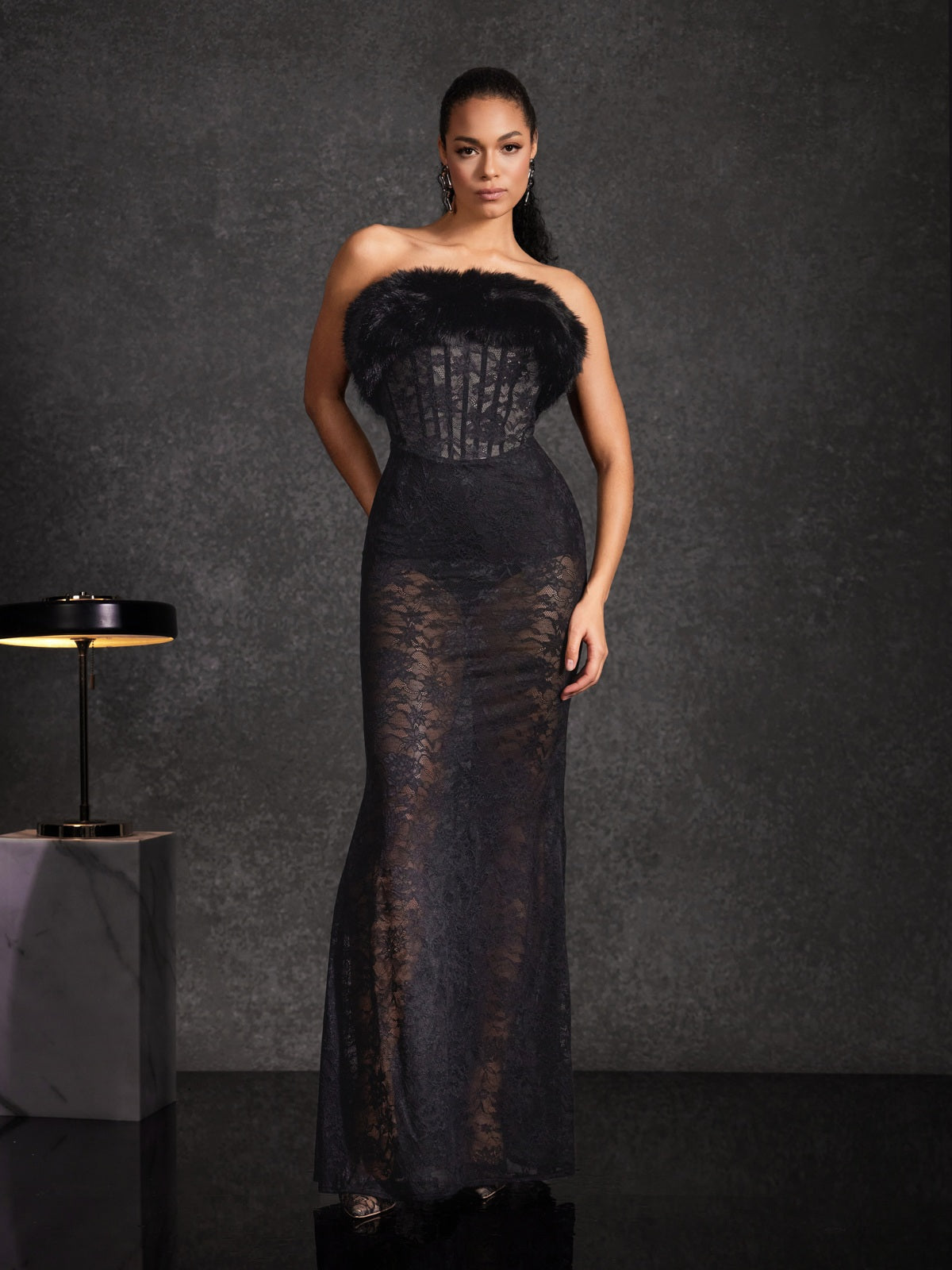 Floella Strapless Faux Fur Lace Maxi Dress