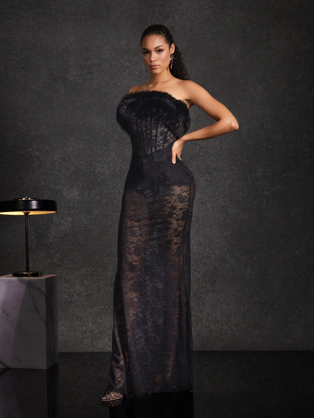 Floella Strapless Faux Fur Lace Maxi Dress