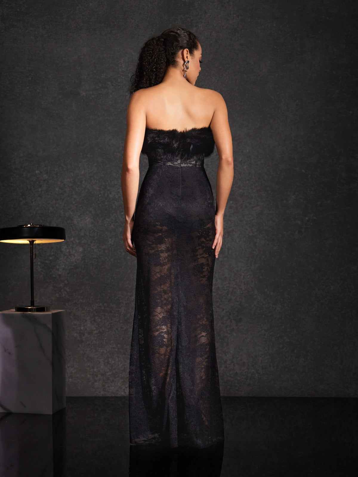 Floella Strapless Faux Fur Lace Maxi Dress