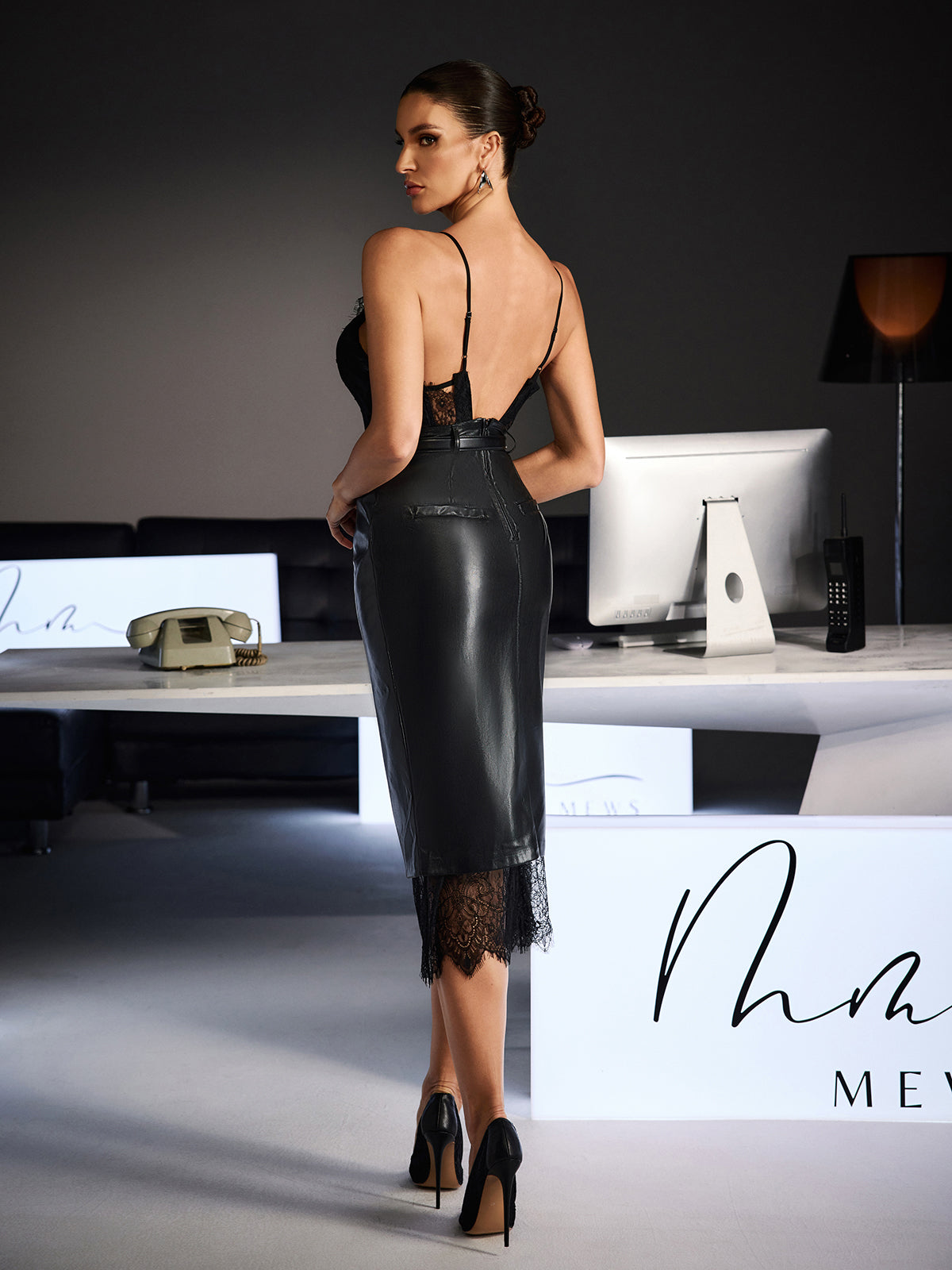 Frazilor Spaghetti Lace Leather Midi Dress