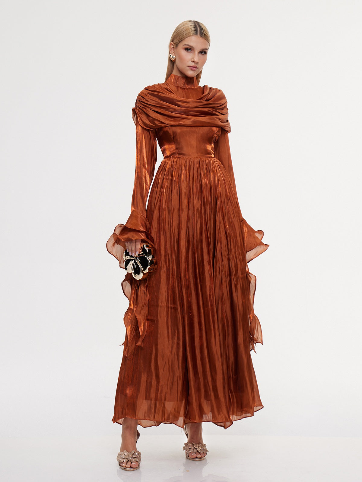 Fulguria High Neck Shawl Ruffle Maxi Dress