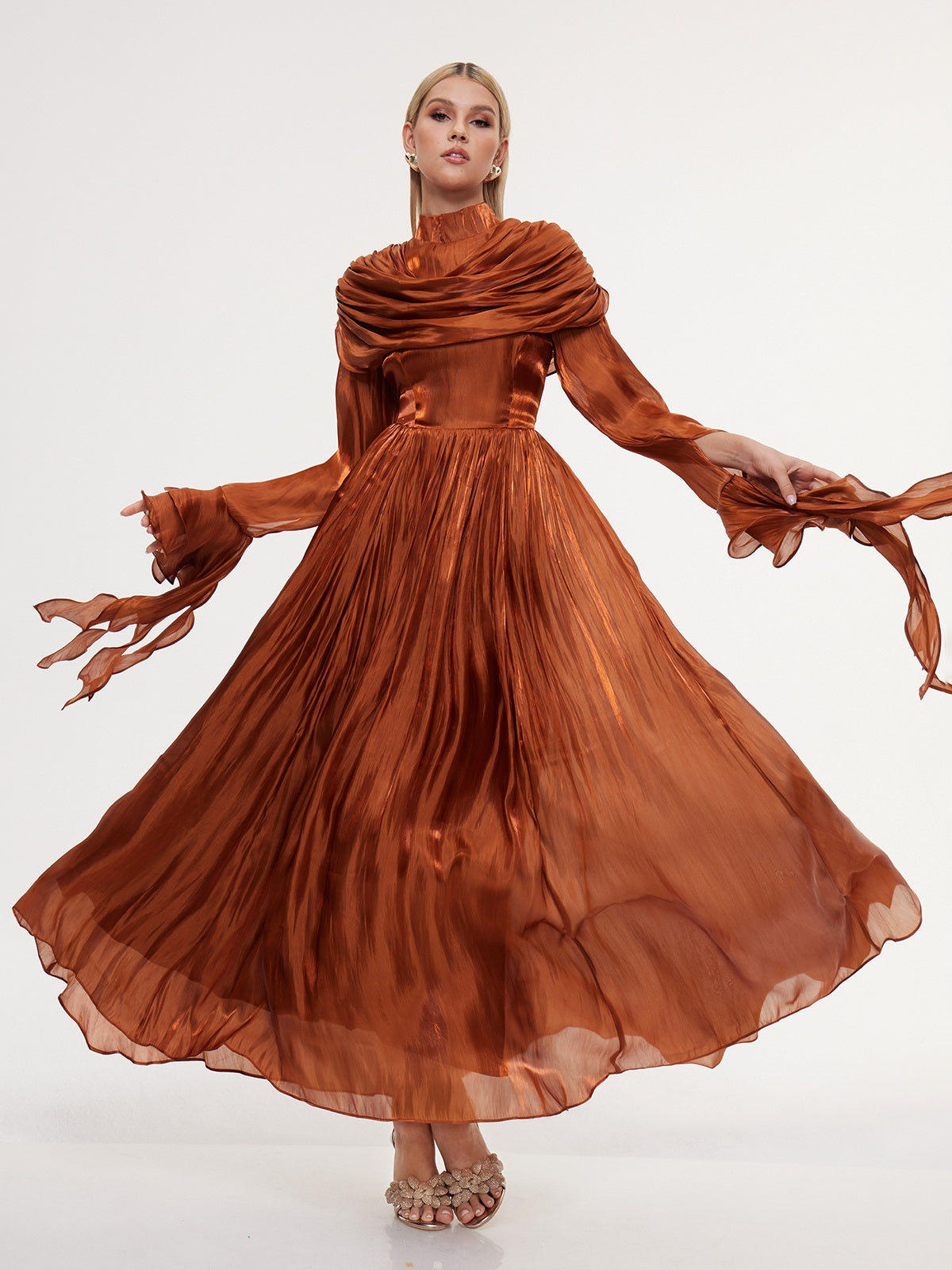 Fulguria High Neck Shawl Ruffle Maxi Dress