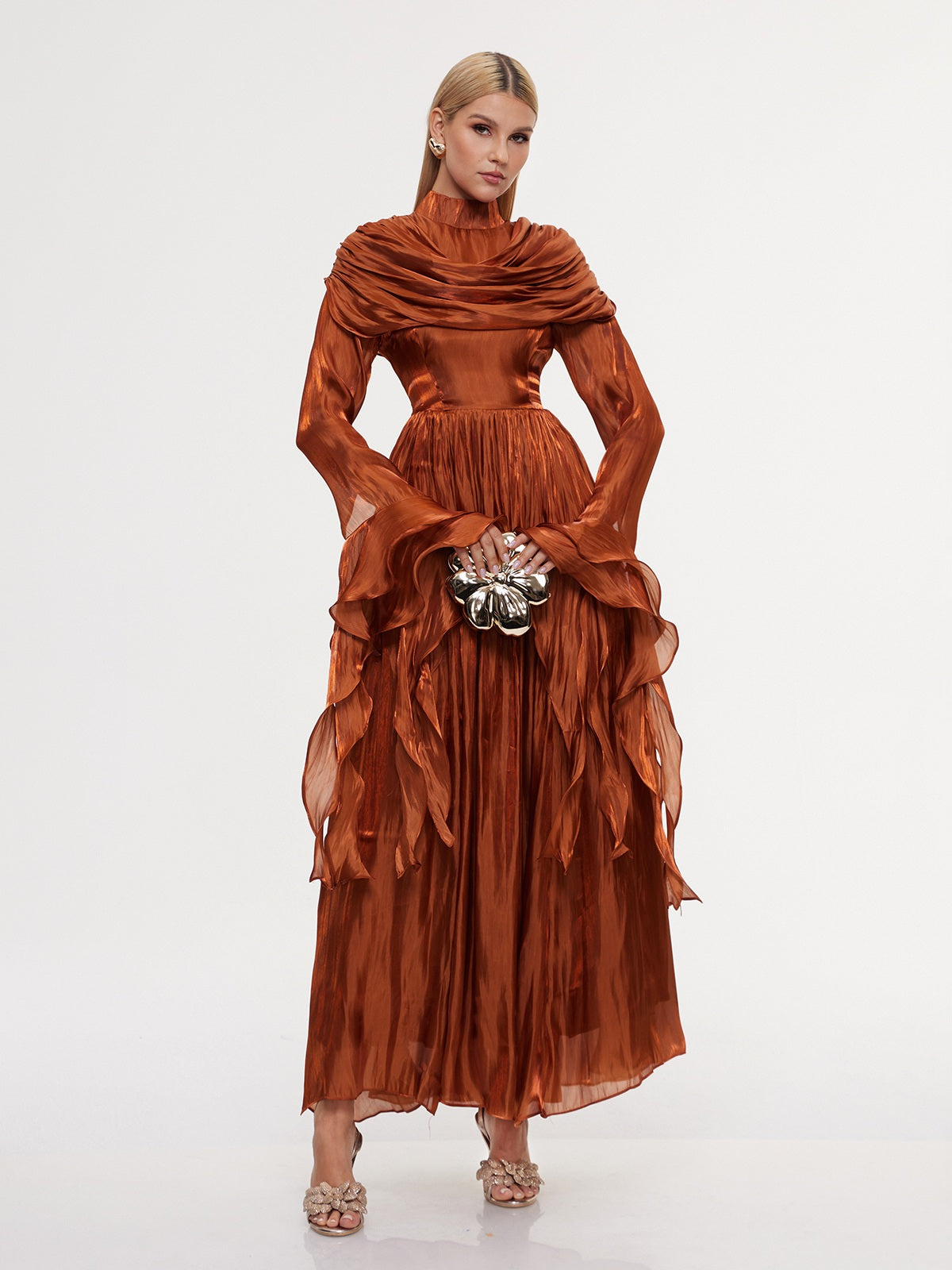 Fulguria High Neck Shawl Ruffle Maxi Dress