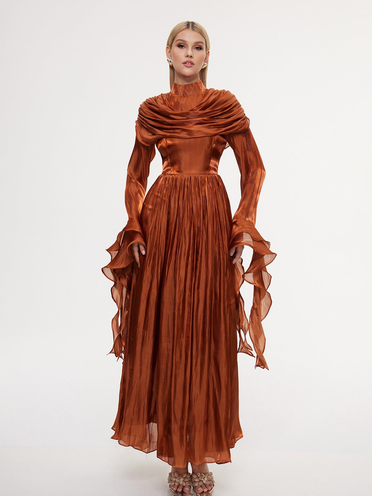 Fulguria High Neck Shawl Ruffle Maxi Dress