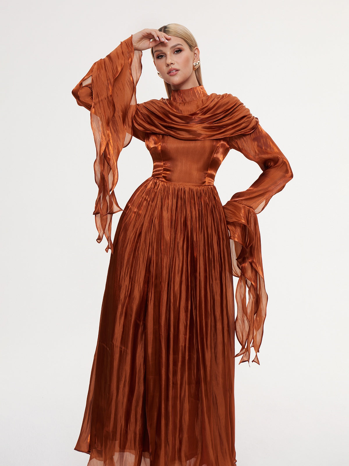 Fulguria High Neck Shawl Ruffle Maxi Dress