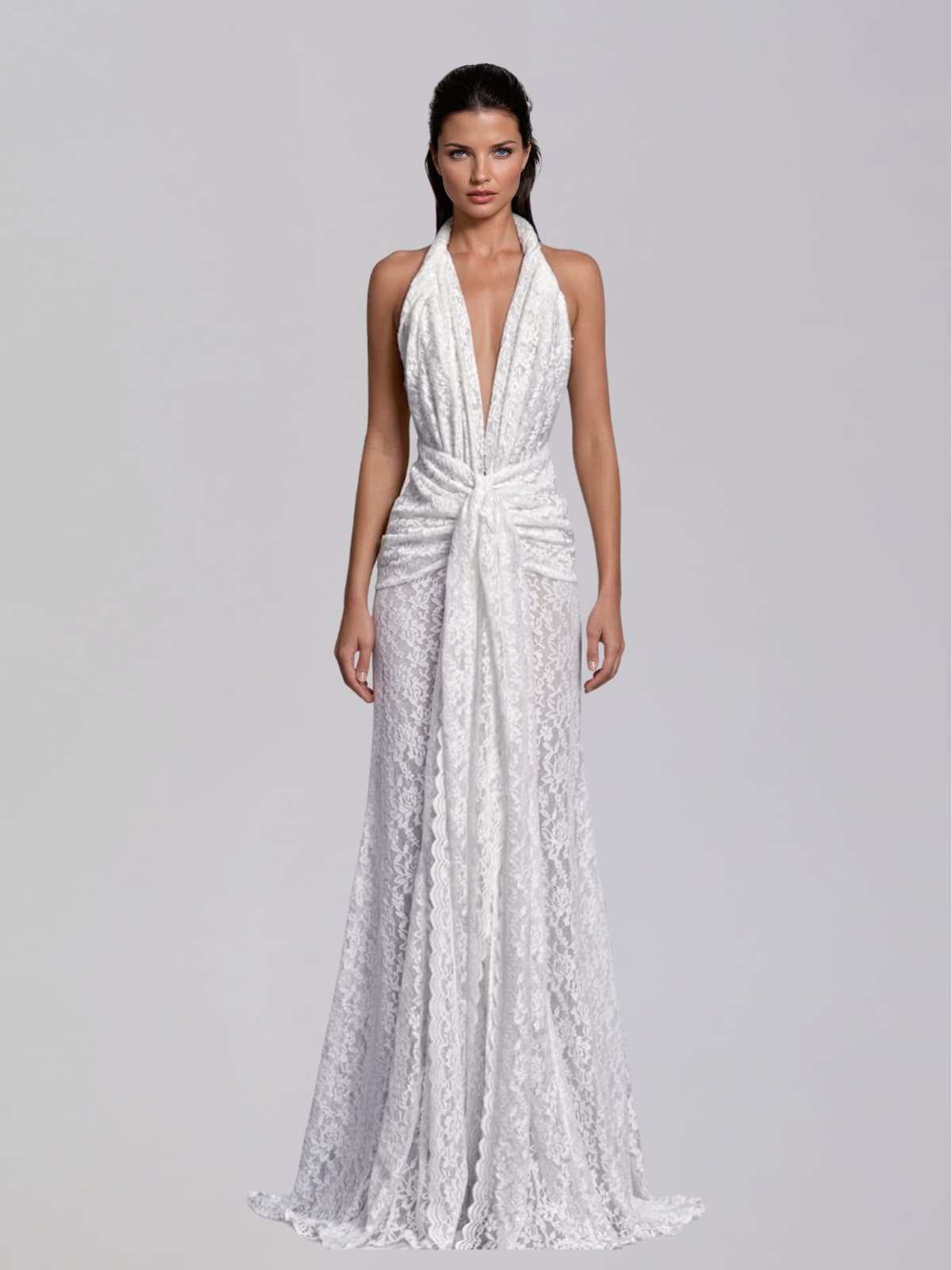Fynderic Plunge Neck Lace Split Maxi Dress