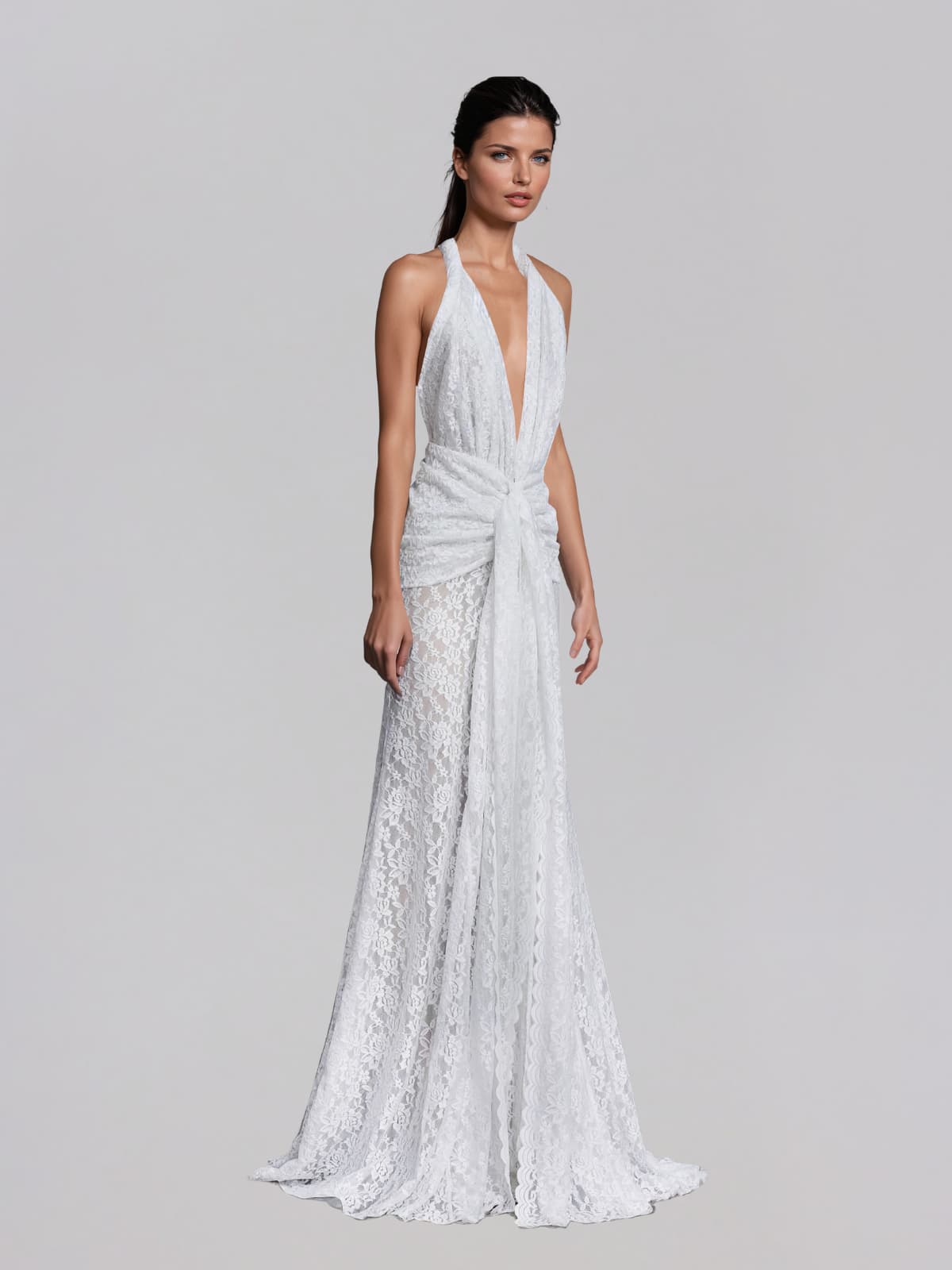 Fynderic Plunge Neck Lace Split Maxi Dress
