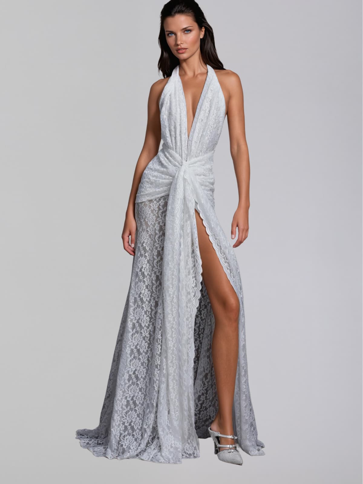 Fynderic Plunge Neck Lace Split Maxi Dress
