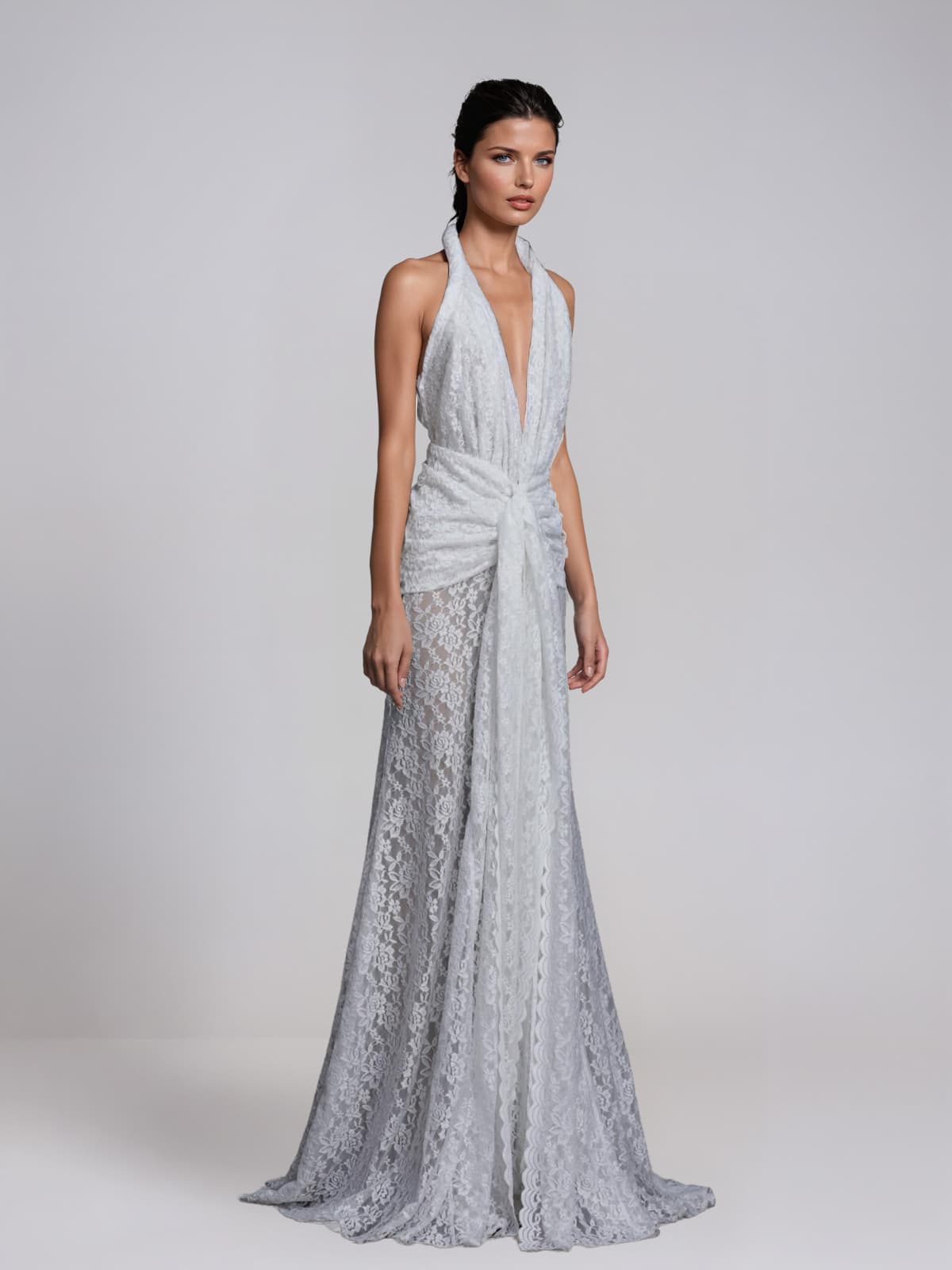 Fynderic Plunge Neck Lace Split Maxi Dress