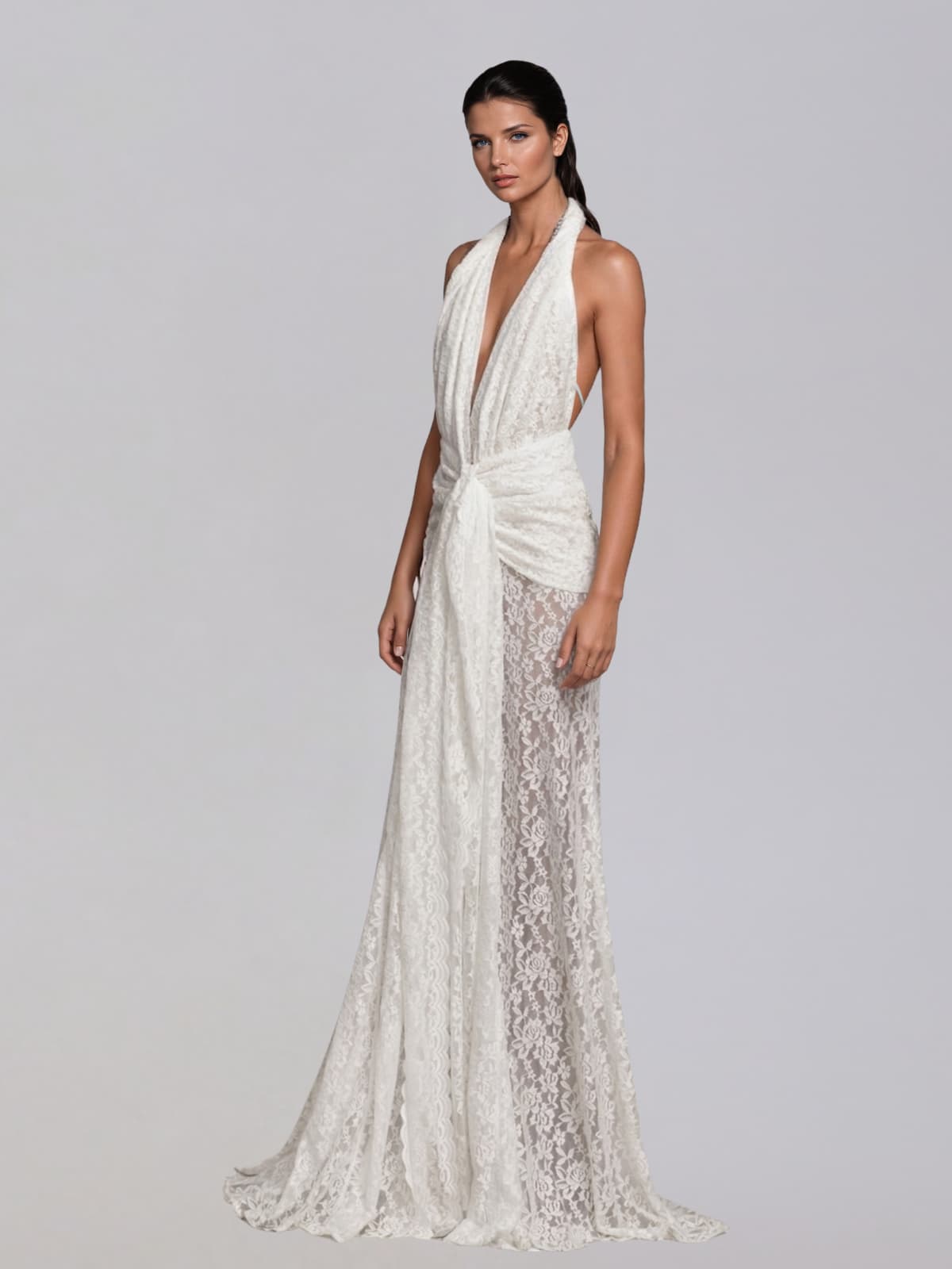 Fynderic Plunge Neck Lace Split Maxi Dress
