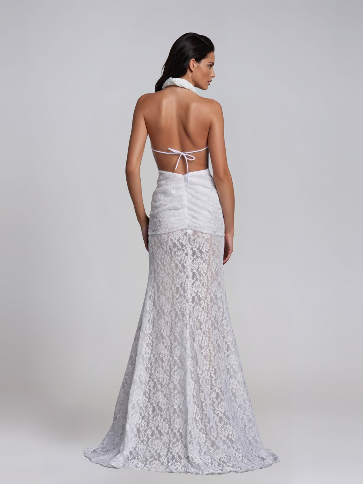 Fynderic Plunge Neck Lace Split Maxi Dress