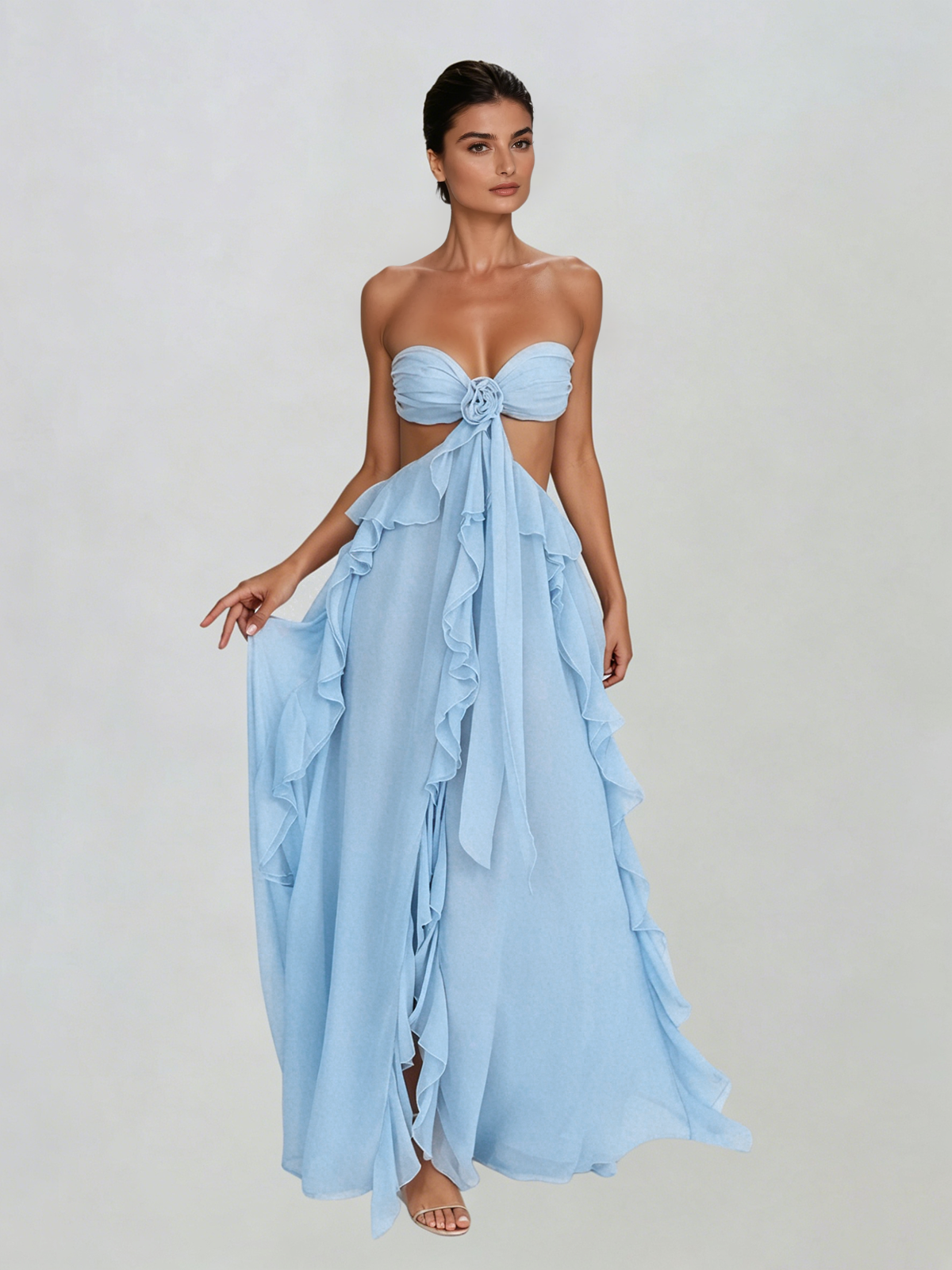 Fyntrix Strapless Ruffle Maxi Dress In Baby Blue