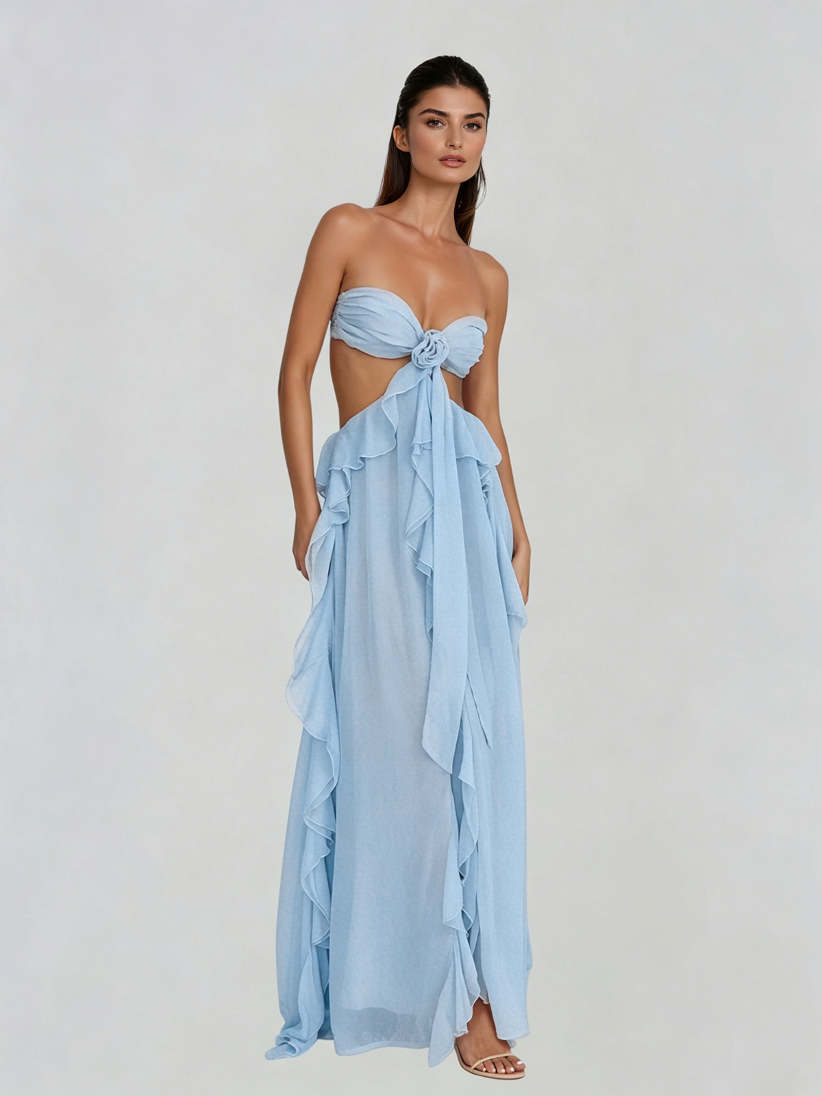 Fyntrix Strapless Ruffle Maxi Dress In Baby Blue