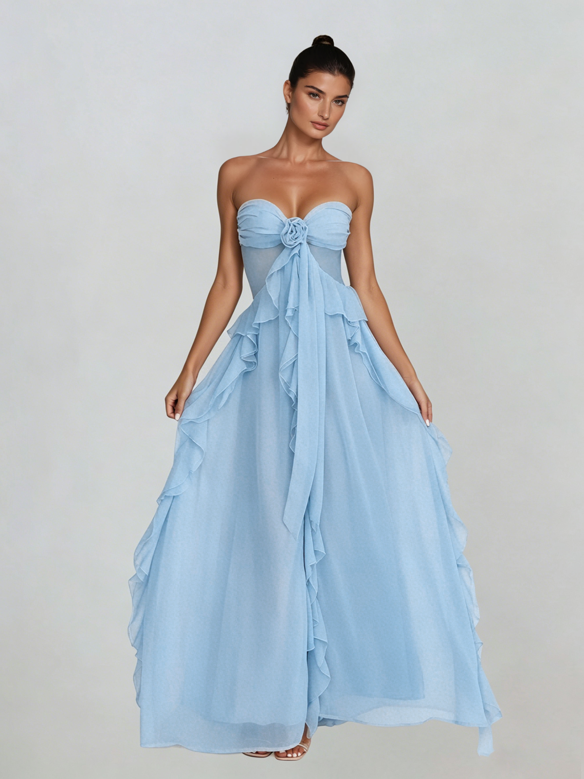 Fyntrix Strapless Ruffle Maxi Dress In Baby Blue
