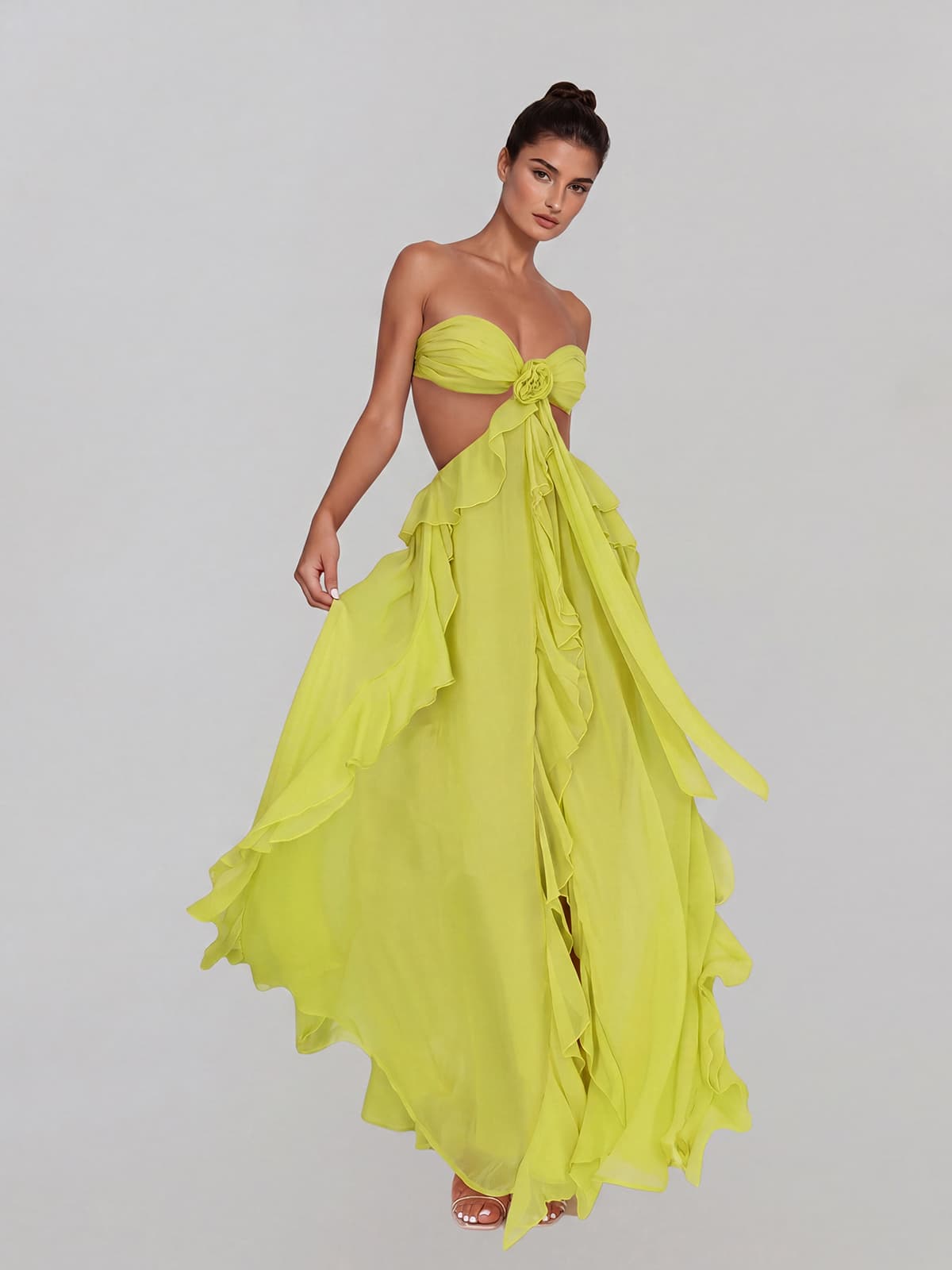 Fyntrix Strapless Ruffle Maxi Dress In Chartreuse
