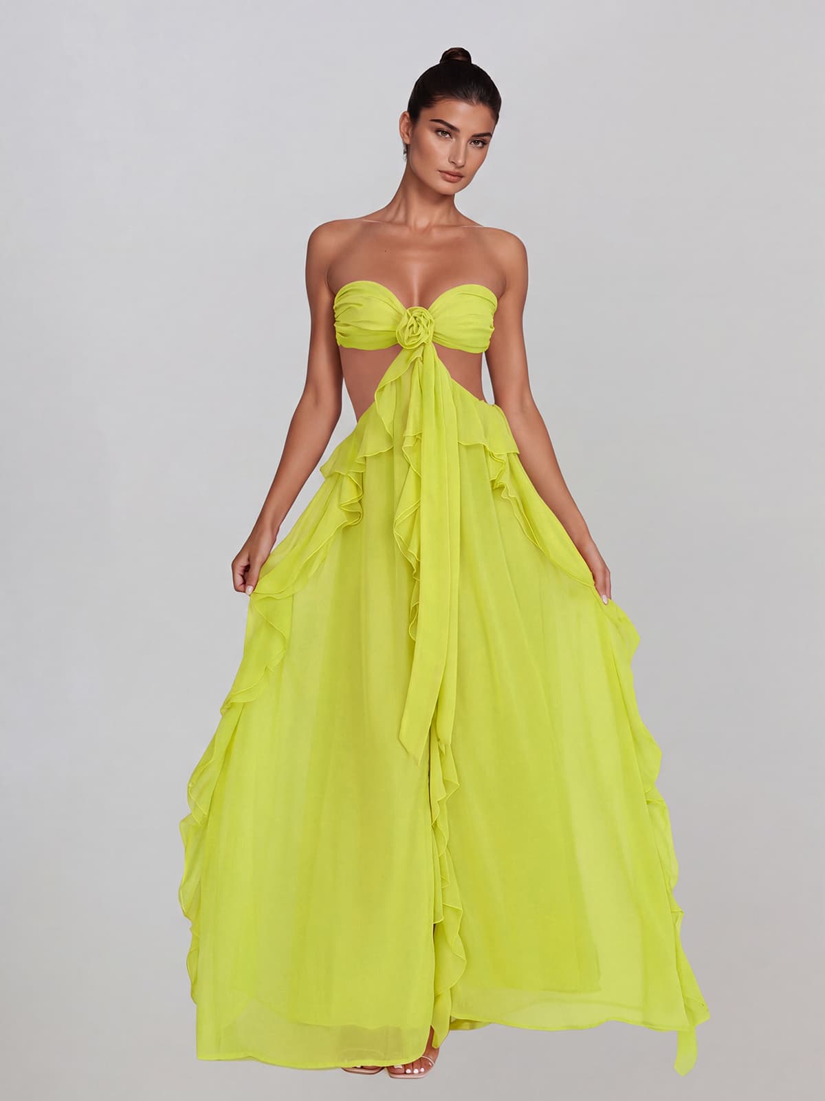 Fyntrix Strapless Ruffle Maxi Dress In Chartreuse