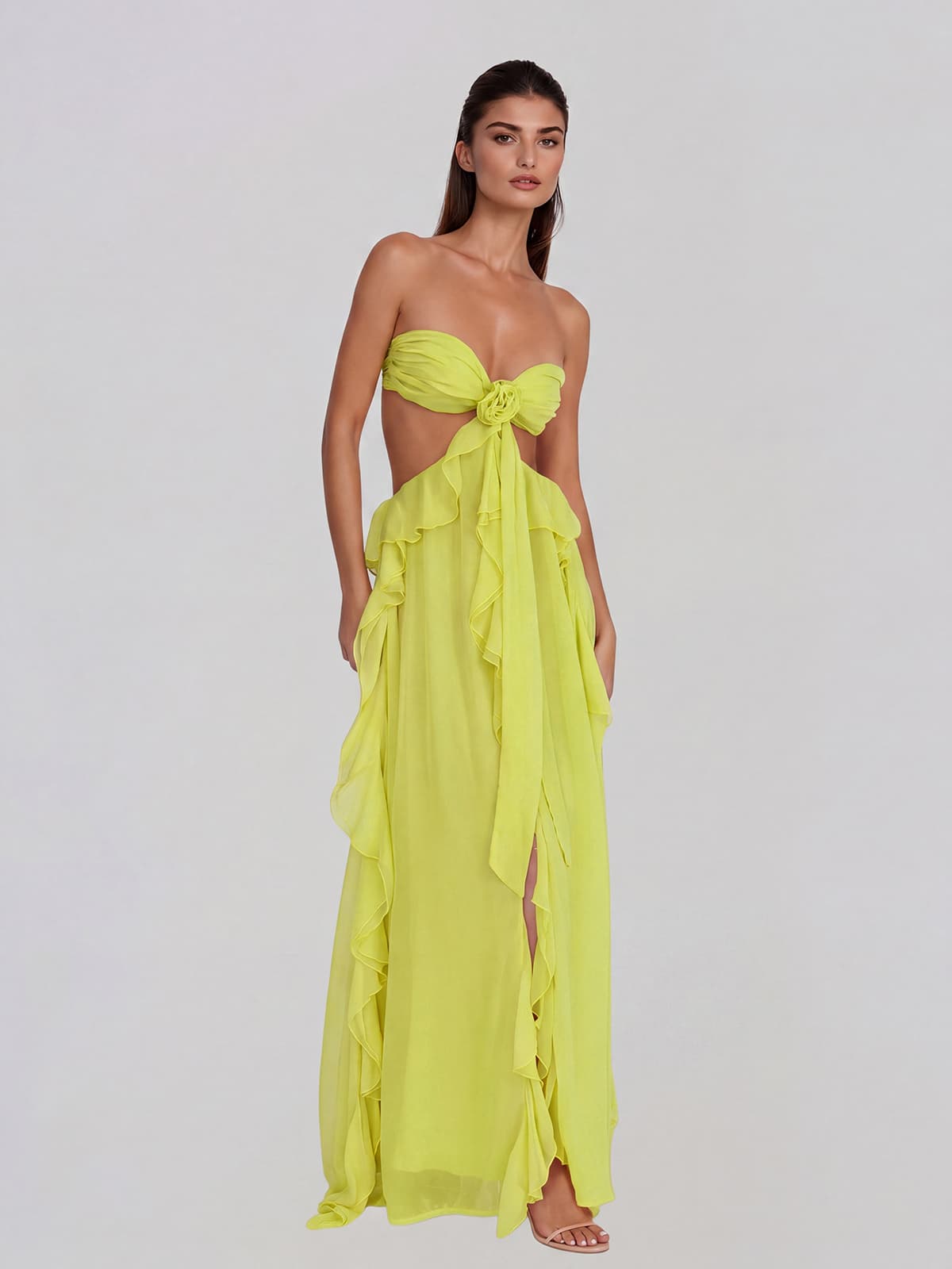 Fyntrix Strapless Ruffle Maxi Dress In Chartreuse