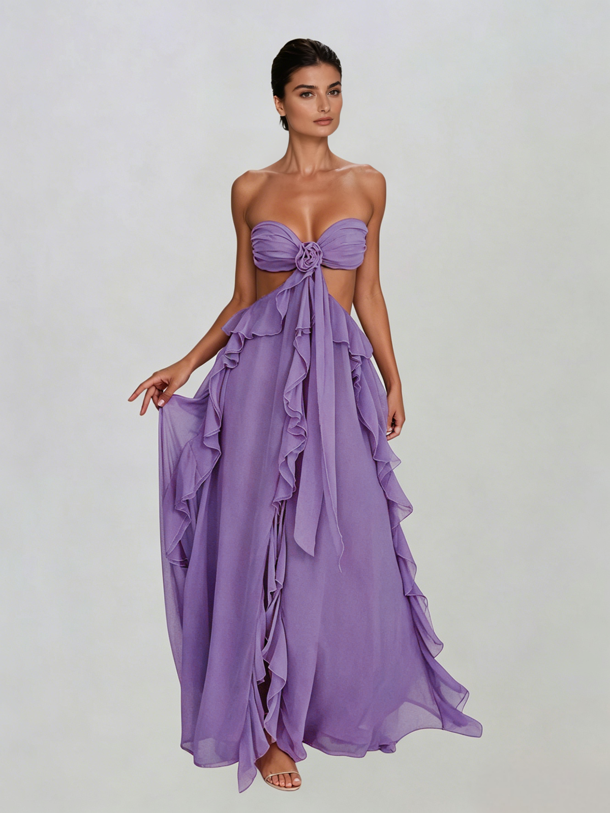 Fyntrix Strapless Ruffle Maxi Dress In Lilac