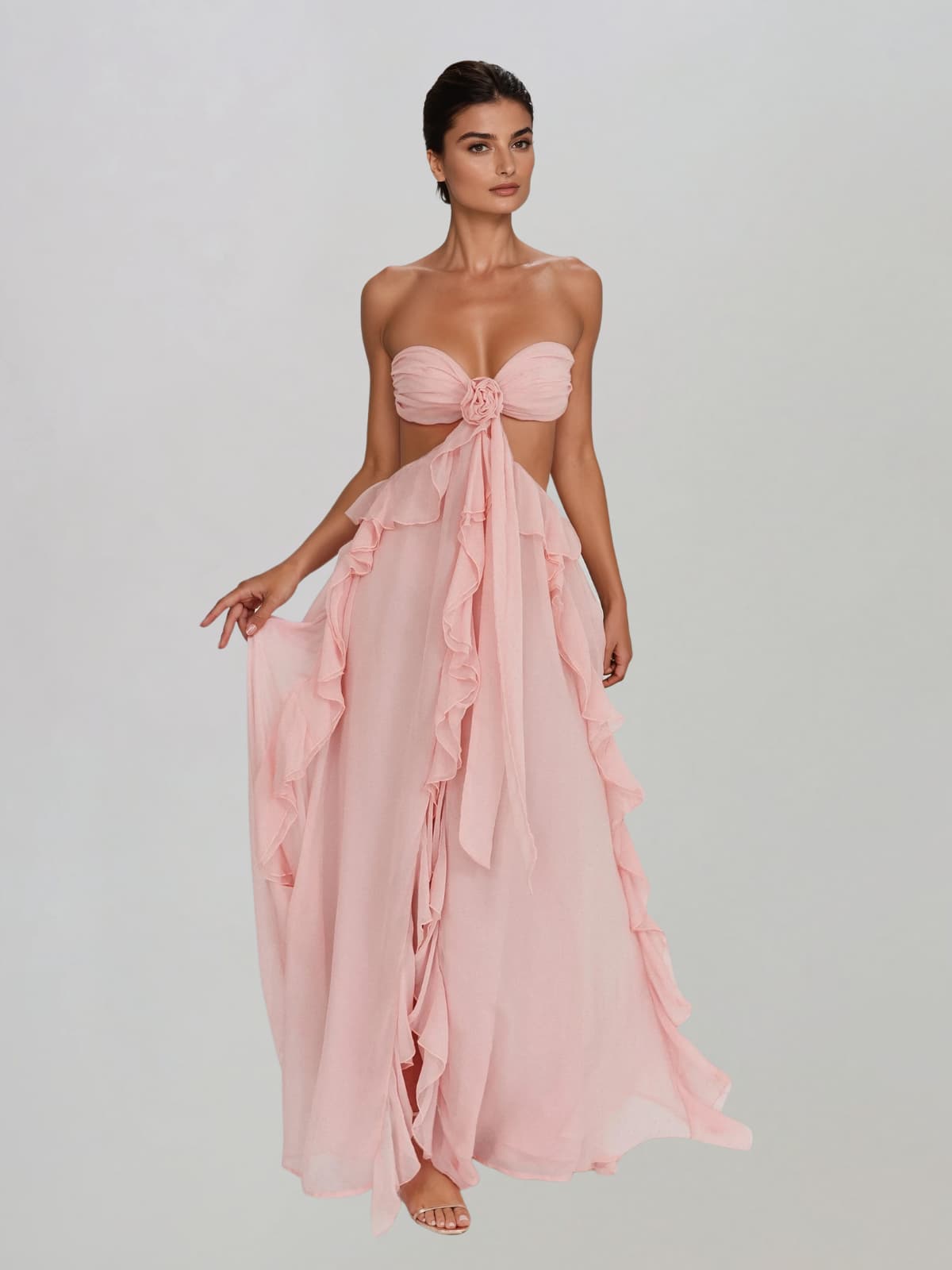 Fyntrix Strapless Ruffle Maxi Dress In Pink