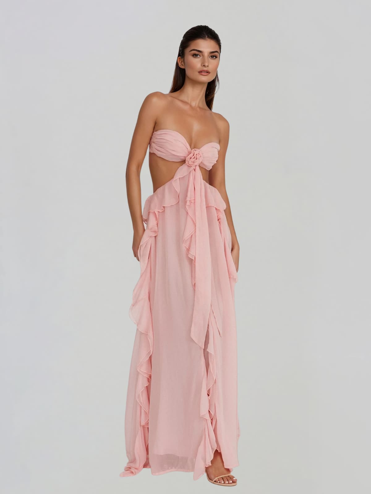 Fyntrix Strapless Ruffle Maxi Dress In Pink