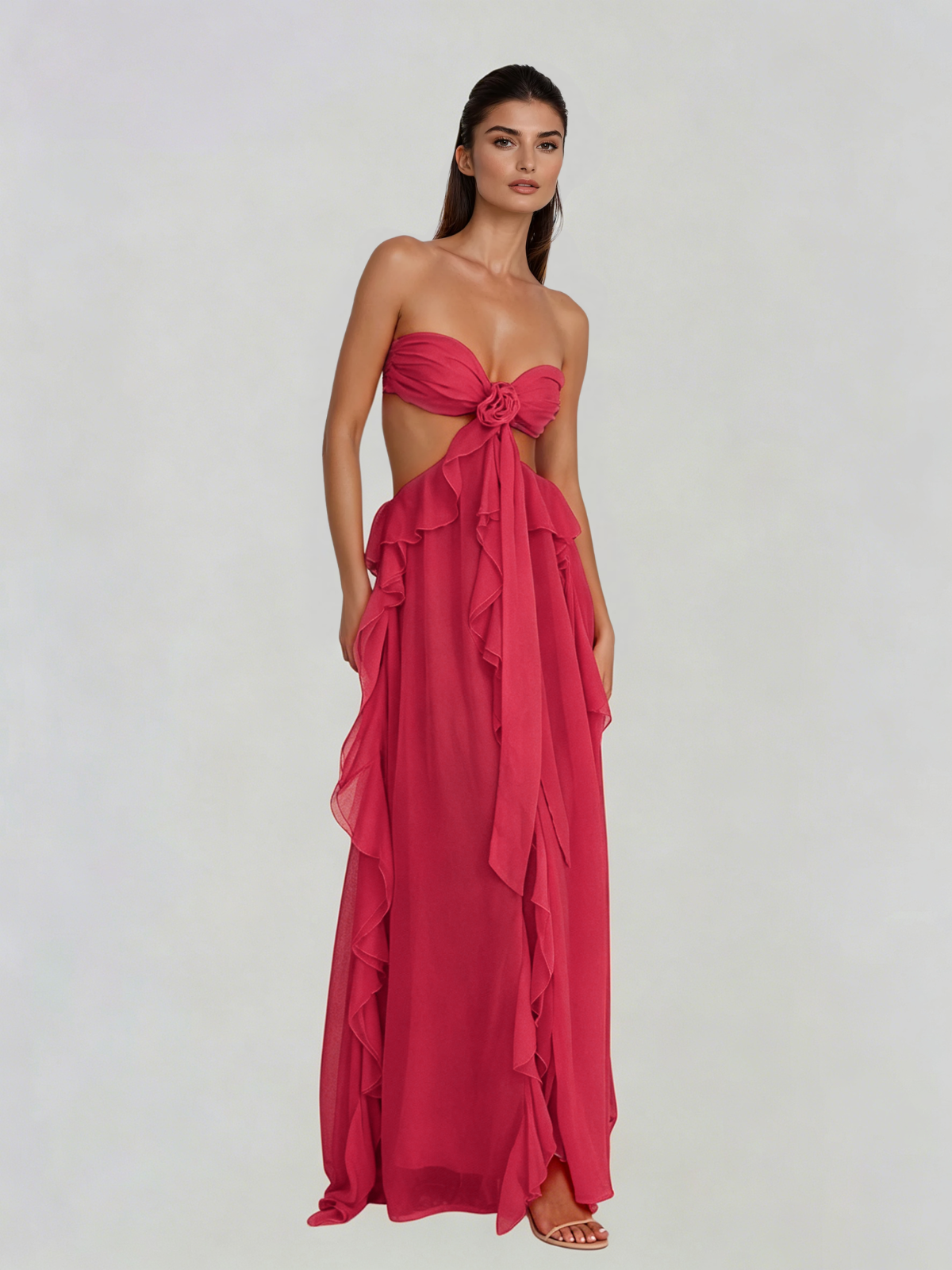Fyntrix Strapless Ruffle Maxi Dress In Red