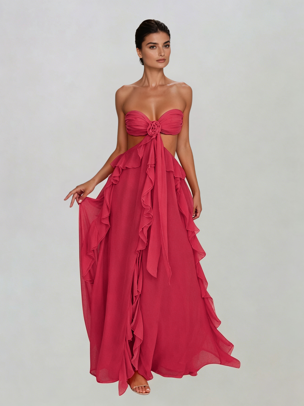 Fyntrix Strapless Ruffle Maxi Dress In Red