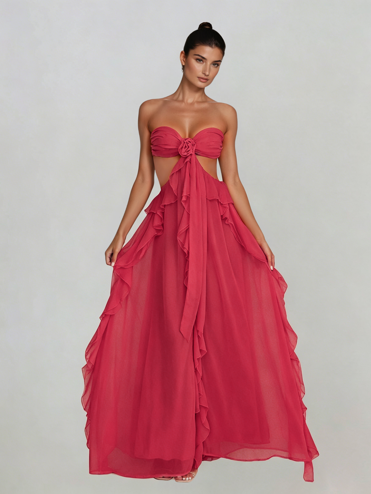 Fyntrix Strapless Ruffle Maxi Dress In Red