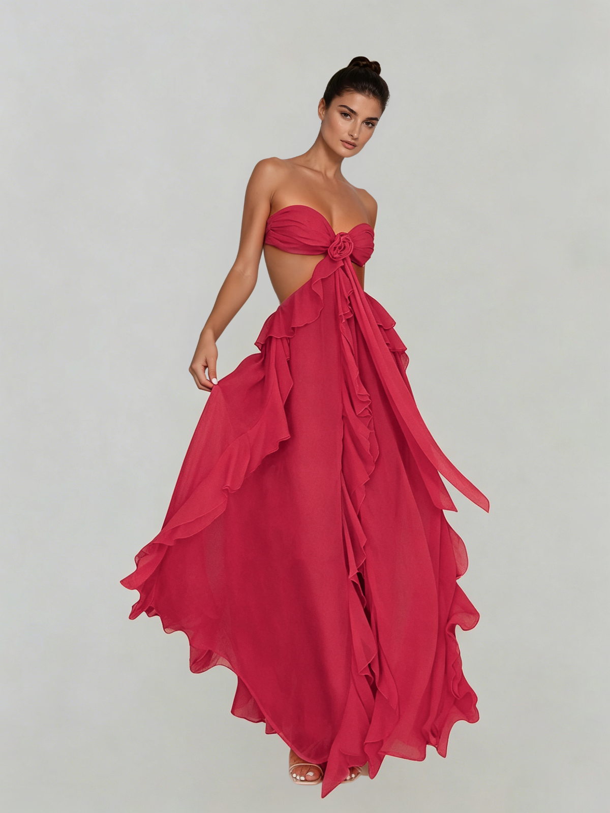 Fyntrix Strapless Ruffle Maxi Dress In Red