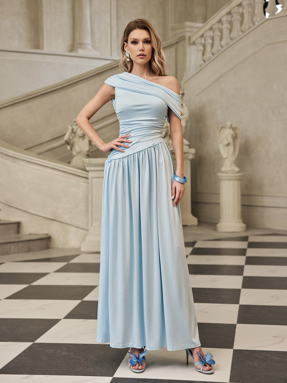 Gaelyra One Shoulder Ruched Maxi Dress In Sky