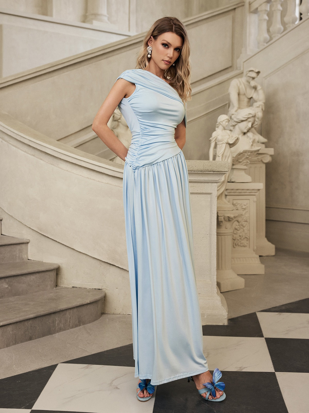 Gaelyra One Shoulder Ruched Maxi Dress In Sky