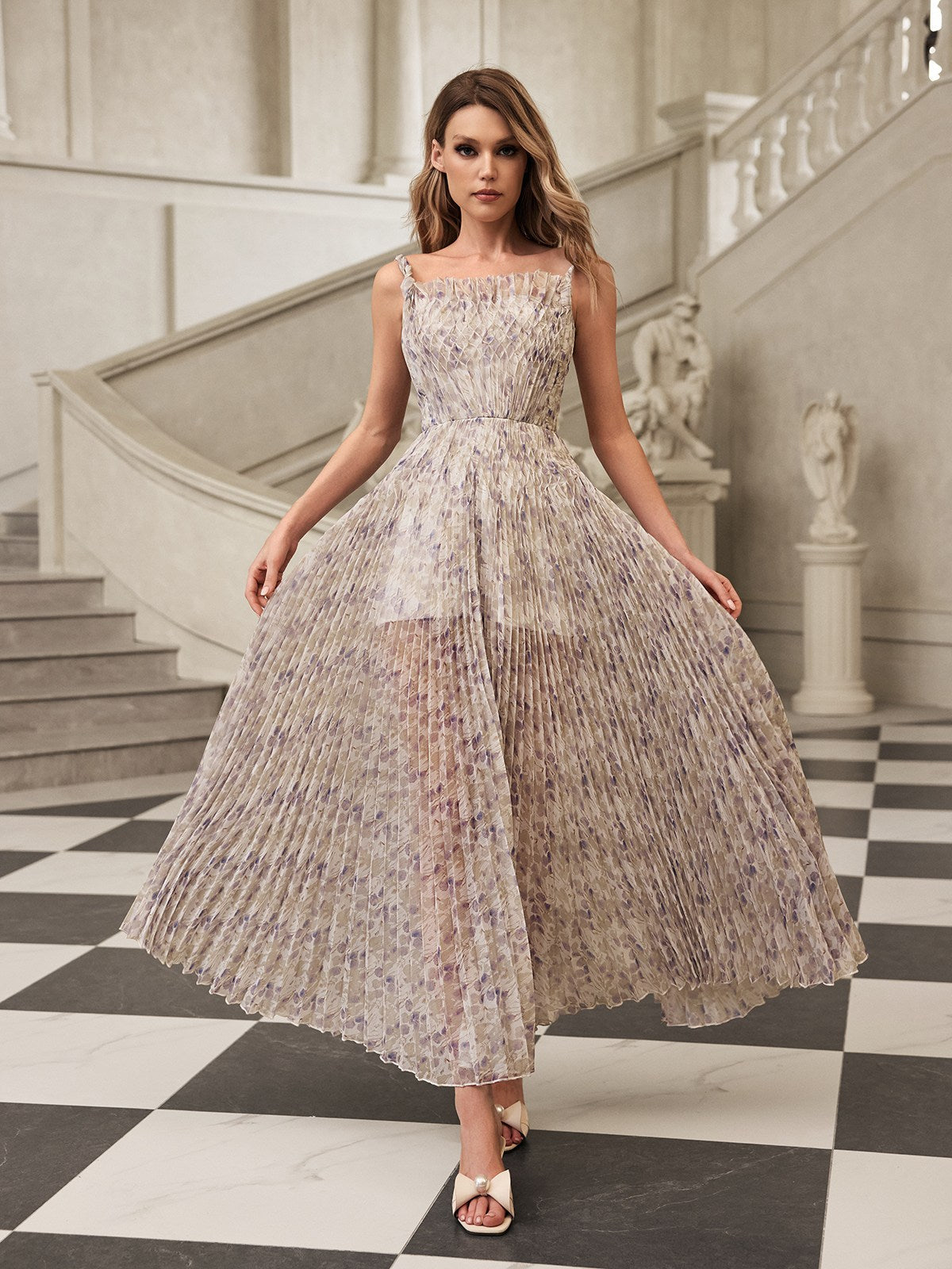 Gaeris Spaghetti Printed Pleat Maxi Dress