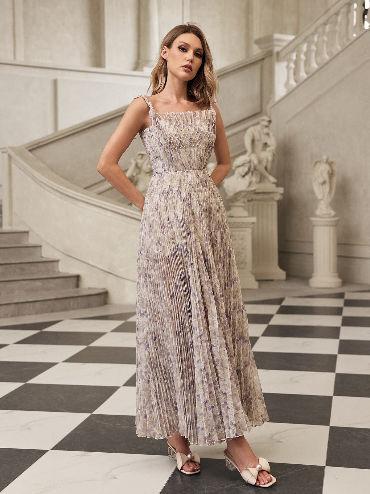 Gaeris Spaghetti Printed Pleat Maxi Dress