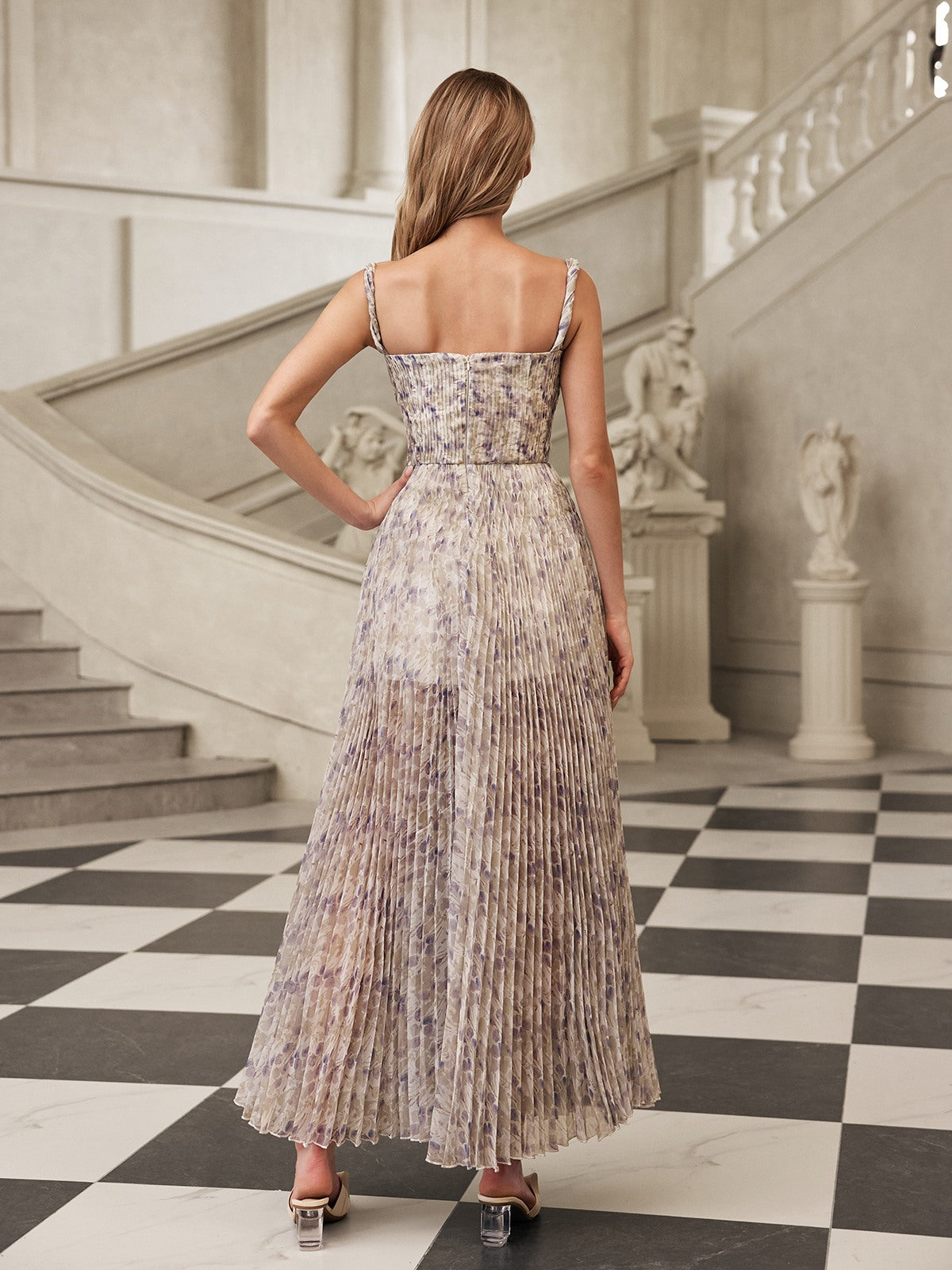 Gaeris Spaghetti Printed Pleat Maxi Dress