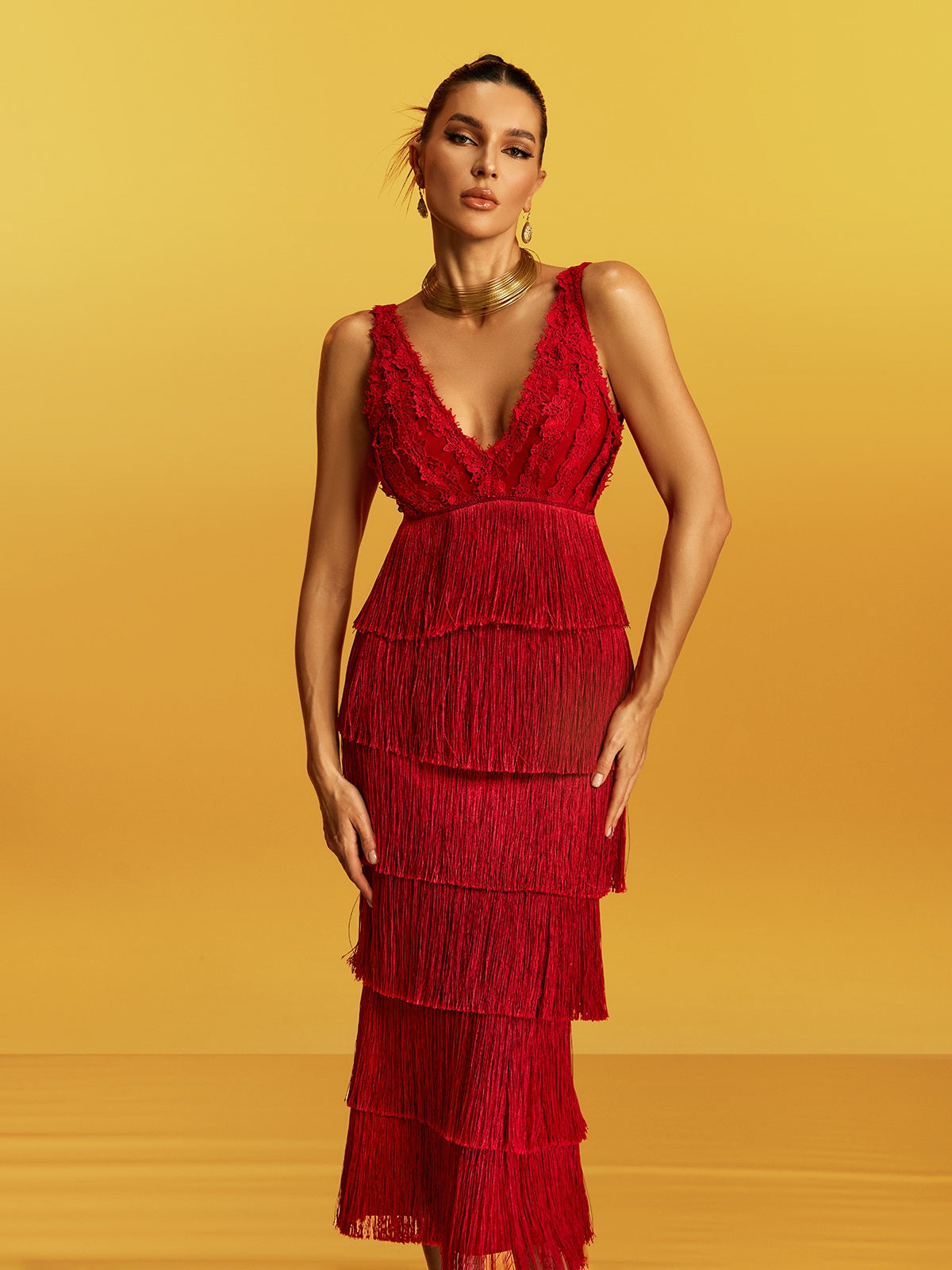 Galeon Sleeveless Lace Fringe Bandage Midi Dress
