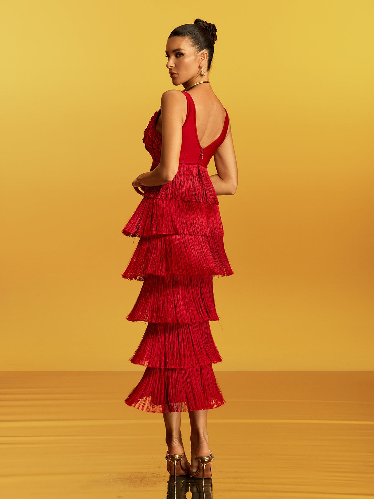 Galeon Sleeveless Lace Fringe Bandage Midi Dress