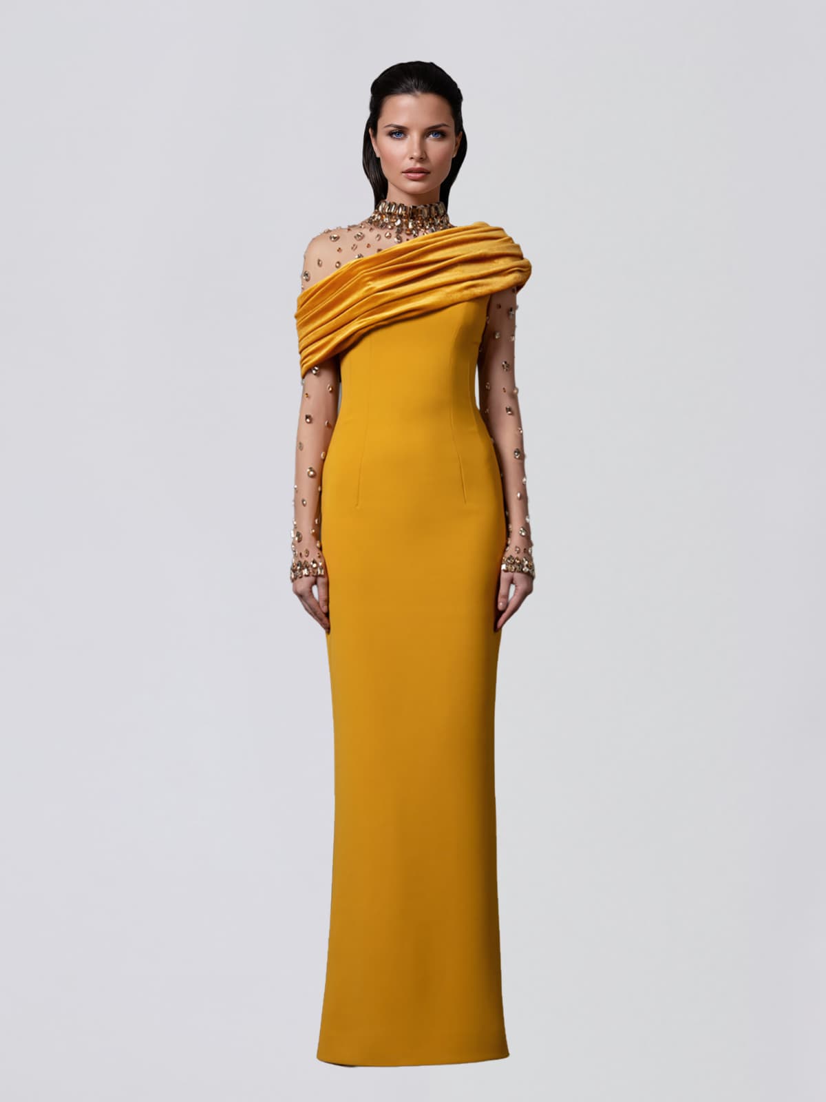 Galvethor Crystal Mesh Ruched Maxi Dress
