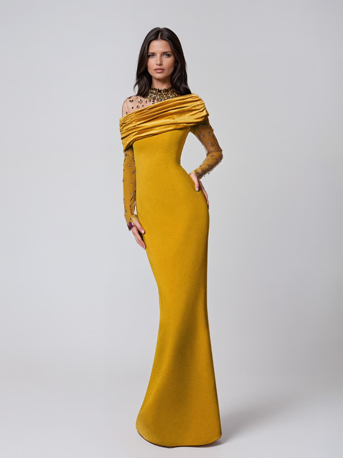 Galvethor Crystal Mesh Ruched Maxi Dress
