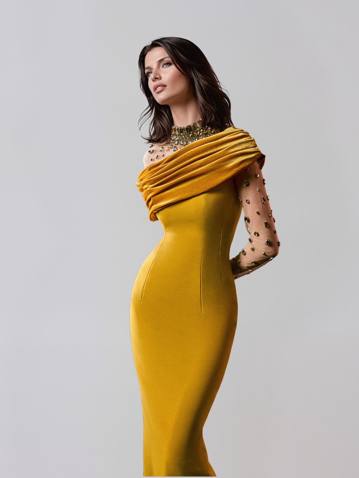 Galvethor Crystal Mesh Ruched Maxi Dress