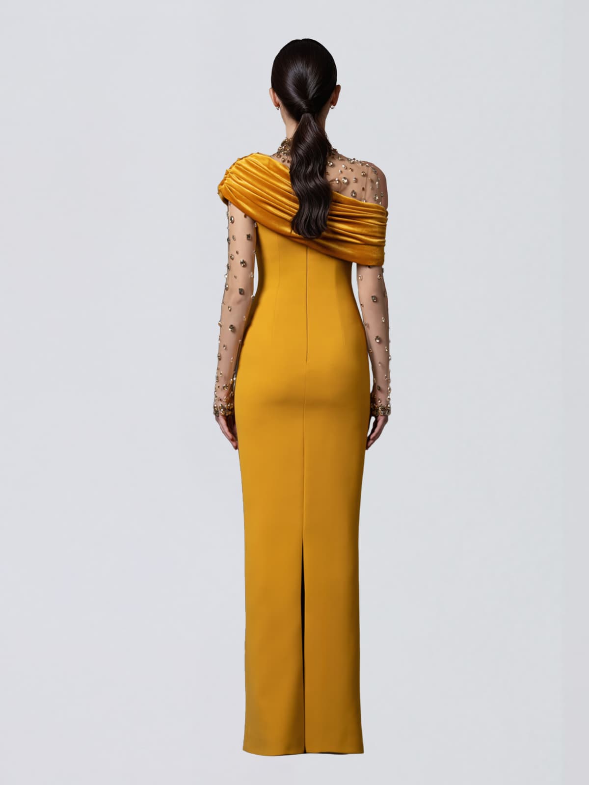 Galvethor Crystal Mesh Ruched Maxi Dress