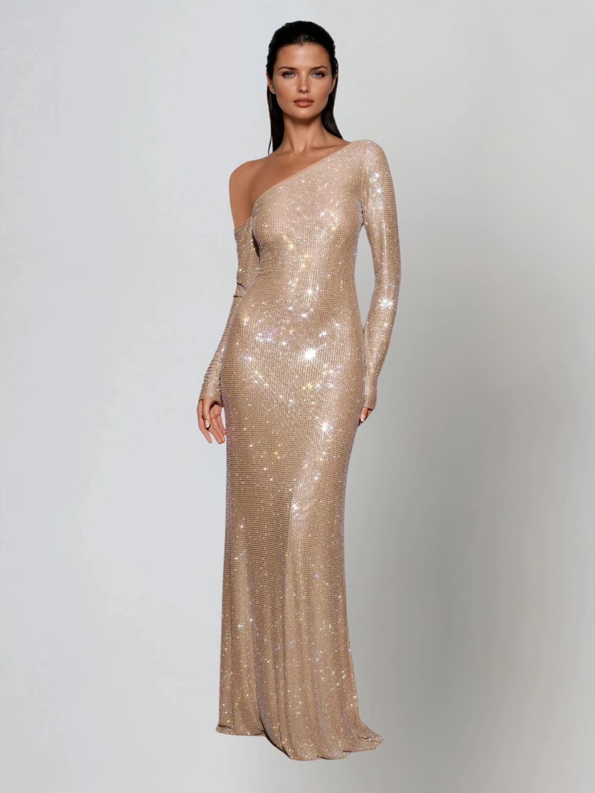 Garneth One Shoulder Rhinestone Maxi Dress In Gold
